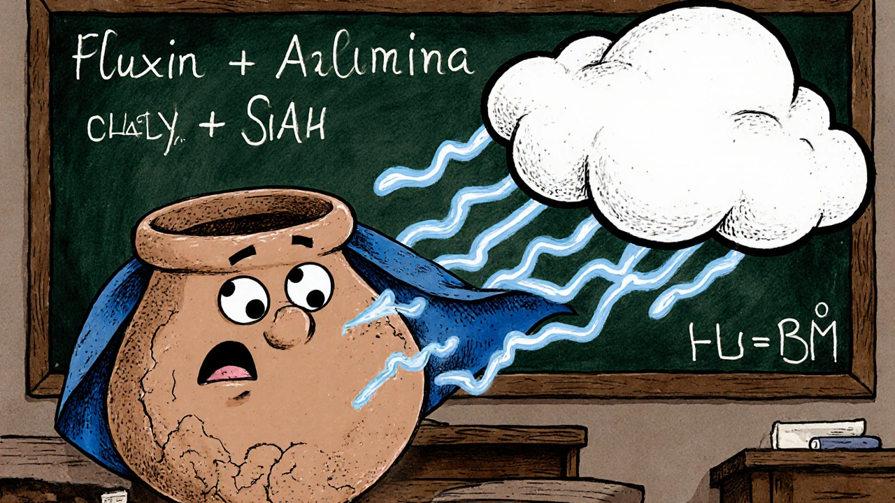 A clay pot saved by a superhero cloud of calcium carbonate, smoothing cracks with glowing bonds.