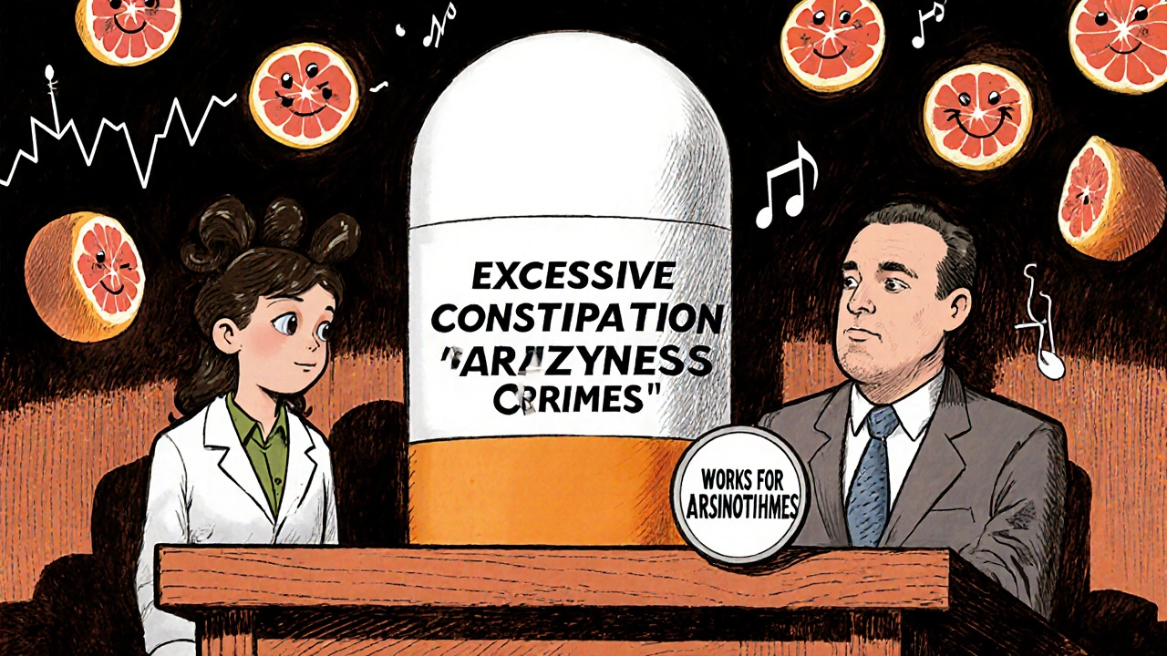 A courtroom trial where a Verapamil pill is accused of side effects, defended by a doctor while alternatives testify as heroes.