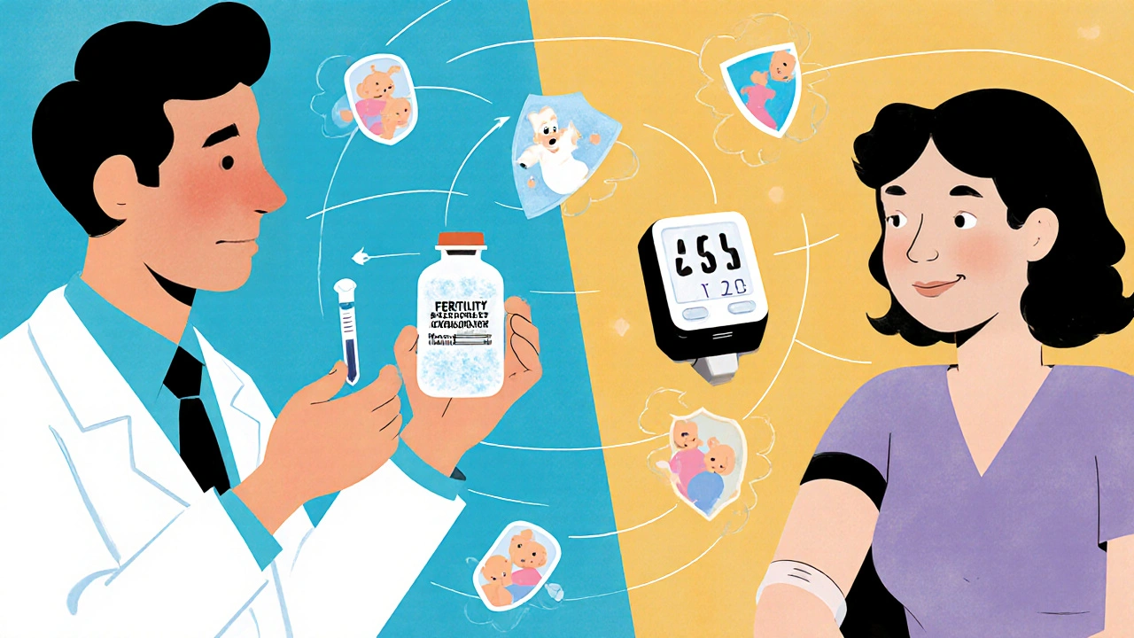 A man freezing sperm and a woman getting a blood test, both with healthy baby icons and protective symbols around them.