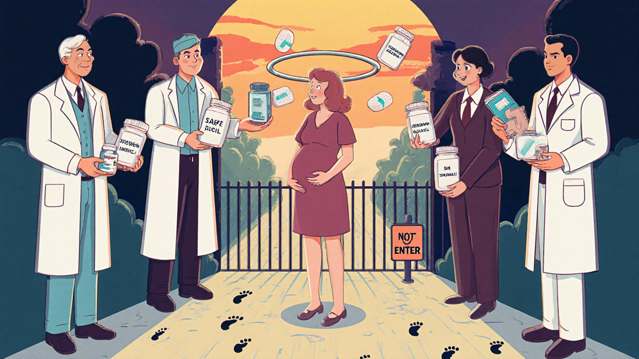A medical team forming a protective circle around a pregnant woman, safe drugs glowing above her as dangerous ones are locked away.
