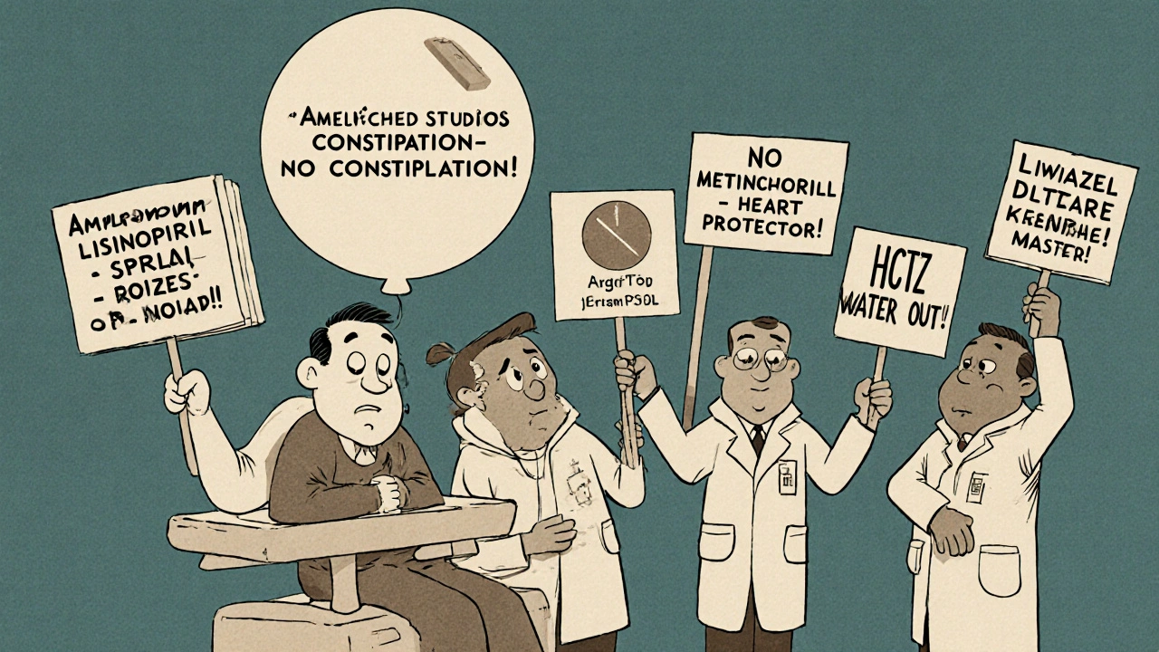 A patient on a scale with a constipation balloon, surrounded by doctors holding signs for different blood pressure medications.