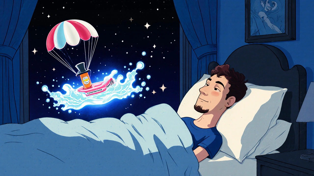 A person in bed with a gel raft blocking acid waves, aided by a descending Pepcid pill, night scene.