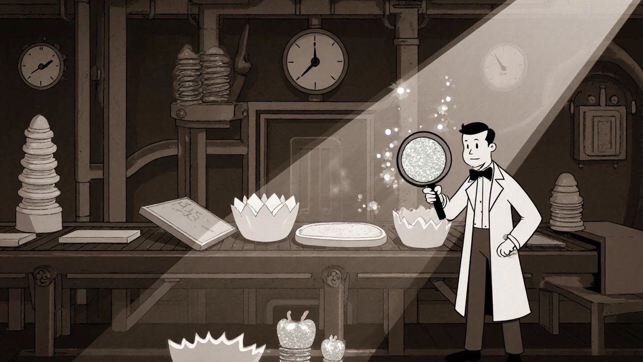 A whimsical ceramic factory producing tiles and dental crowns, with calcium carbonate particles glowing like fireflies.