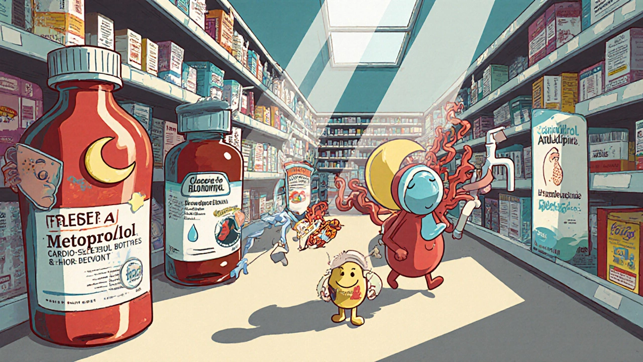 Animated pharmacy aisle shows personified medication bottles for beta‑blockers and alternatives.
