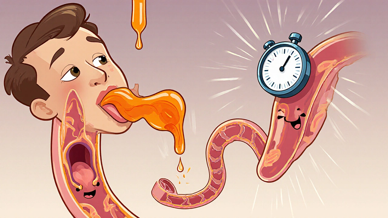Animated scene of Levitra Jelly melting on a tongue and traveling through a relaxed artery.