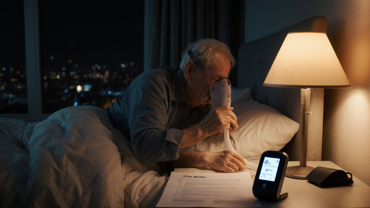 Bedroom scene with a patient wearing a CPAP mask, home oximeter reading, and a STOP‑BANG questionnaire on a bedside table.