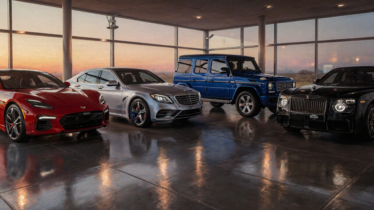 Car showroom with four vehicles representing different ED meds&#039; speed and lasting power.