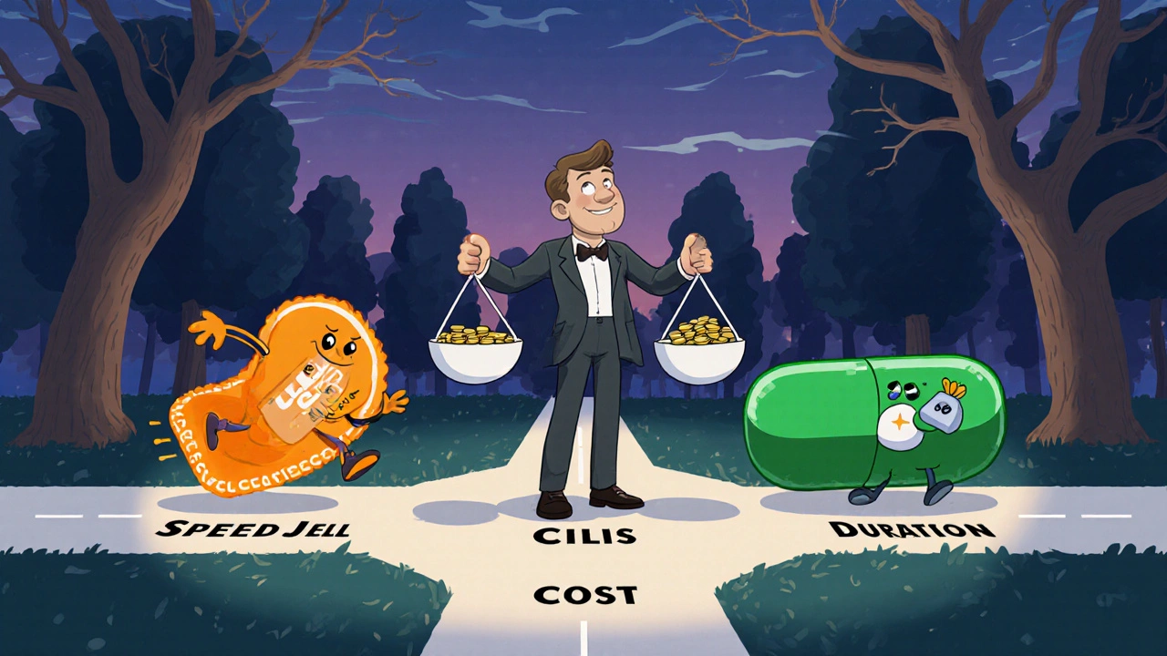Cartoon man at a crossroads balancing speed, duration, and cost of different ED meds.
