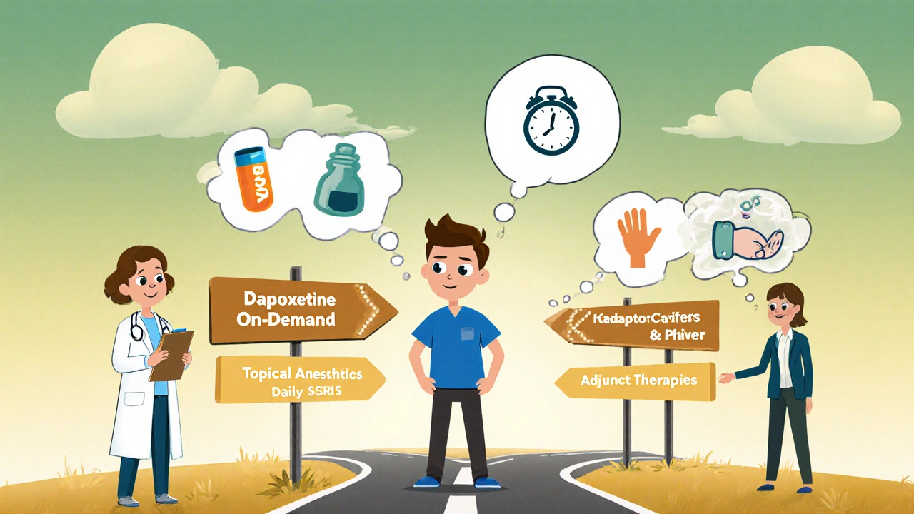 Cartoon man at crossroads with signposts for different PE treatments, doctor and partner nearby.