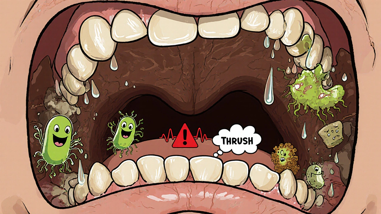 Cartoon mouth interior showing dry gums, plaque bacteria, and a fungal cloud representing thrush.