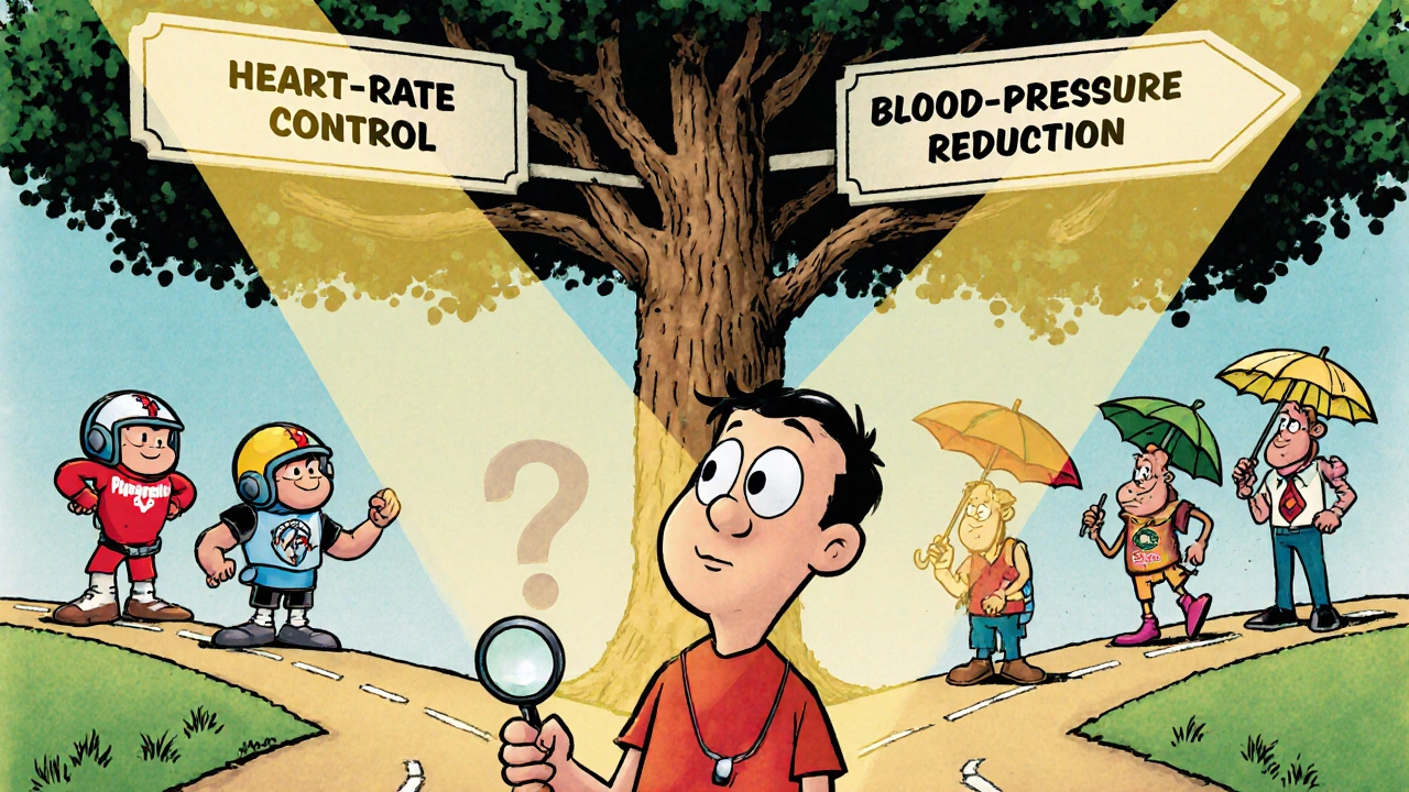 Cartoon patient at a branching sign chooses between heart‑rate and blood‑pressure drugs.