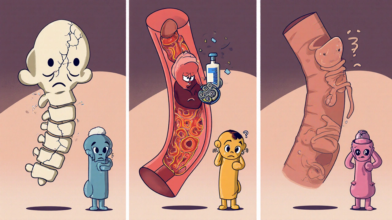 Cartoon split panel showing osteoporosis, heart disease, and diabetes linked to low calcitriol.