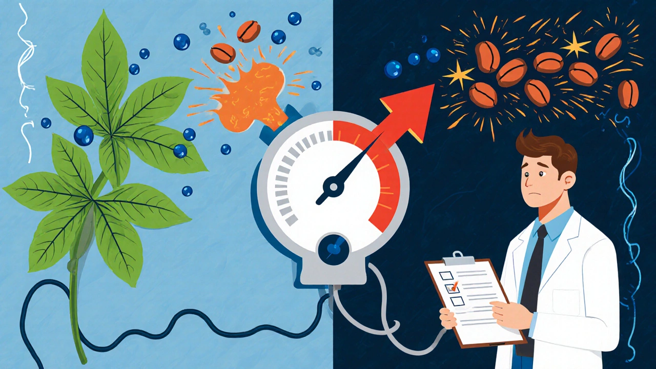 Cartoon split view of chlorogenic acids lowering pressure and caffeine raising it, with a swinging BP needle.