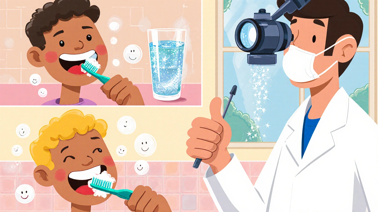 Cheerful character brushing teeth, chewing gum, drinking water, with a dentist giving a thumbs‑up.