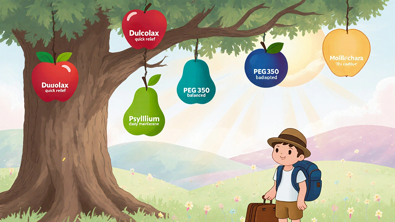 Cheerful traveler choosing fruit‑like icons of different laxatives from a magical tree.