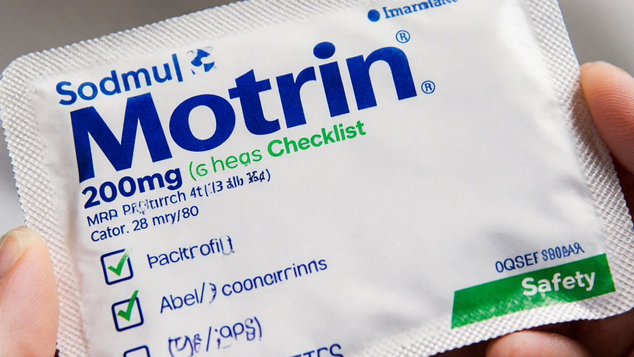 Close‑up of sealed Generic Motrin blister pack with MHRA number and safety checklist in background.
