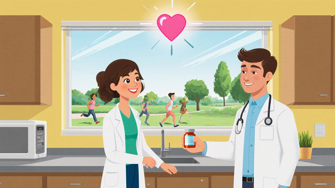 Couple holding hands in a sunlit kitchen as a doctor gives medication, with a park view outside.