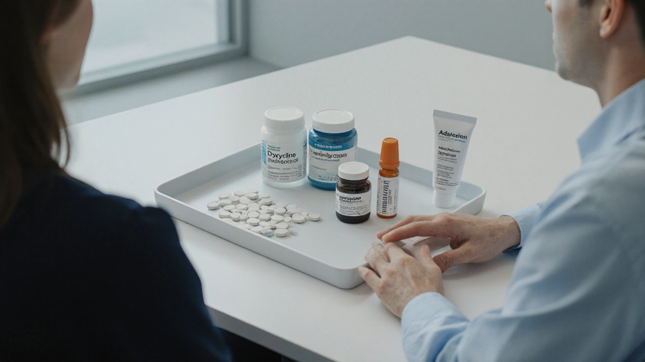Dermatology office scene with doctor showing various acne medication bottles and creams.