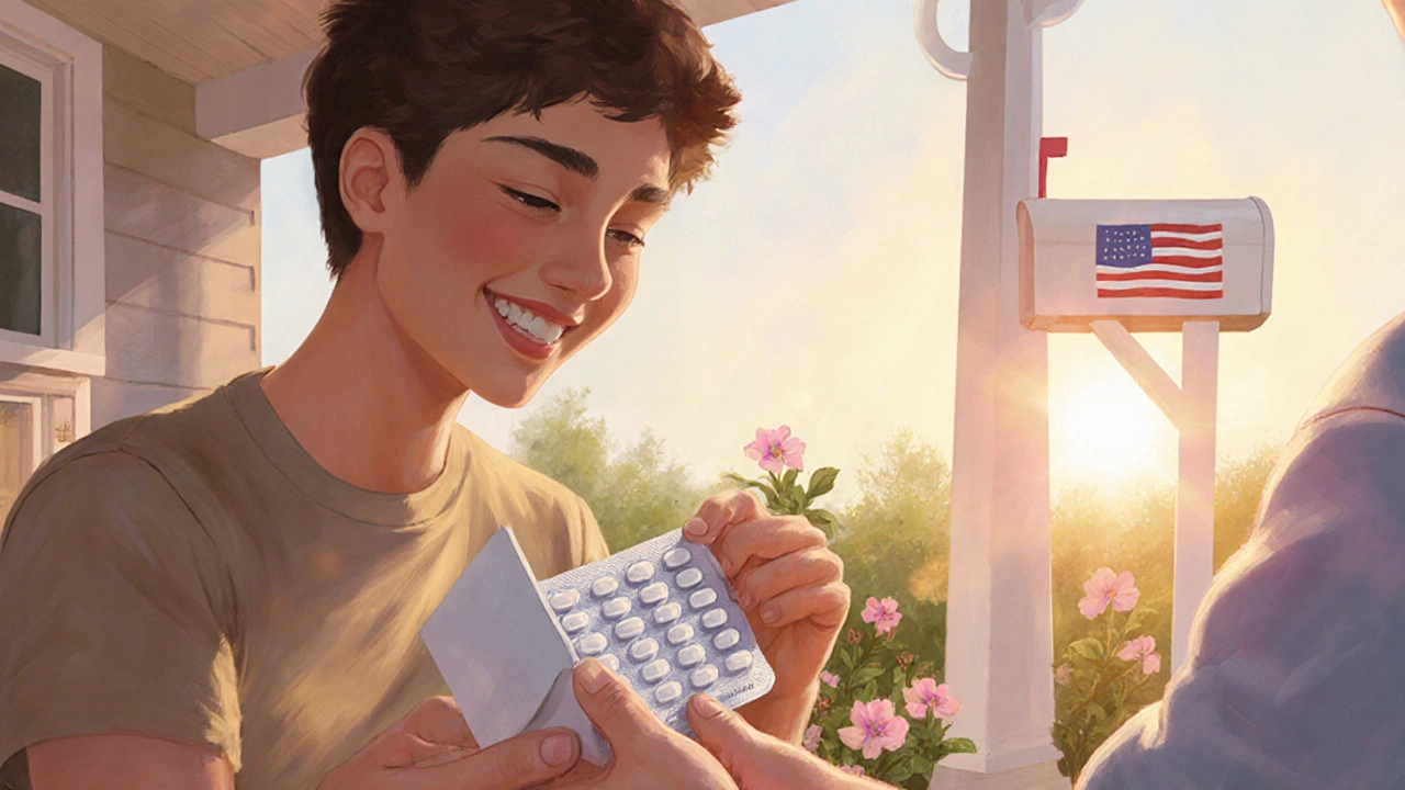 Digital painting of a happy person receiving a generic medication package at home.