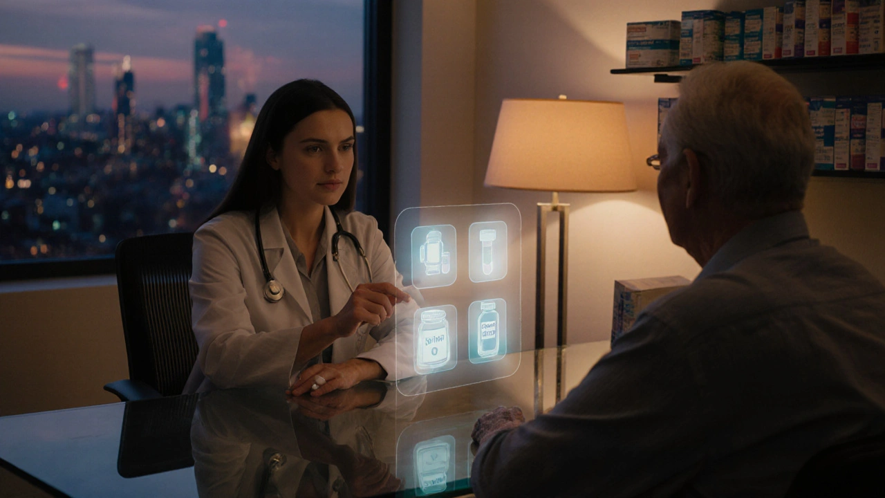 Doctor consulting with an elderly patient, showing holographic icons of four COVID‑19 antivirals.