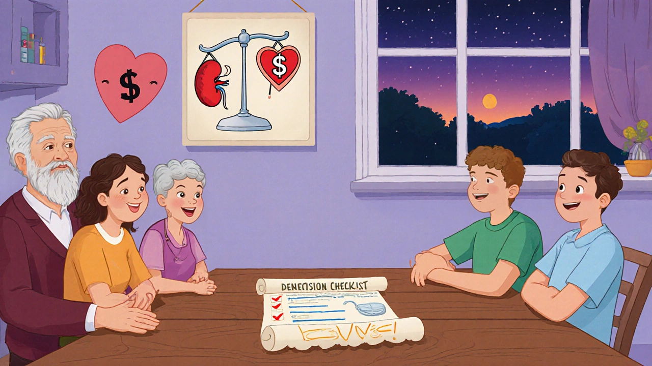 Family reviews a checklist and scale balancing heart health and cost in a cozy home.