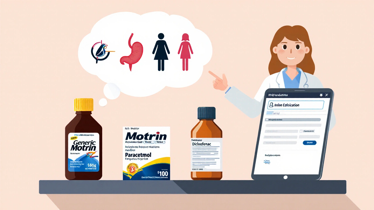 Flat‑design shelf with Generic Motrin, Paracetamol, Diclofenac and pharmacist advising safe choices.