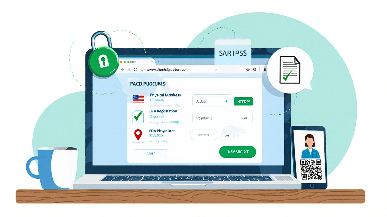 Flat illustration of a laptop showing a secure pharmacy site with checklist icons.