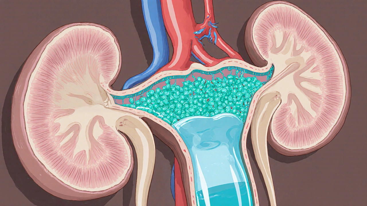 Illustrated kidney cross‑section showing SGLT2 transporters blocking glucose reabsorption.