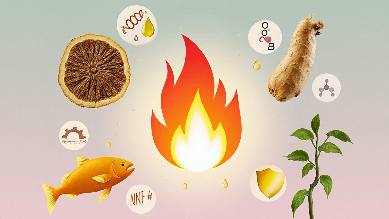Illustrated radial layout of Boswellia, turmeric, ginger, fish oil, and cat&#039;s claw with mechanism icons.