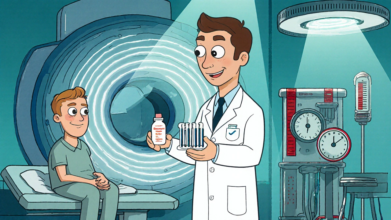 Illustration of a doctor performing tests for neurogenic diabetes insipidus, including MRI and desmopressin.