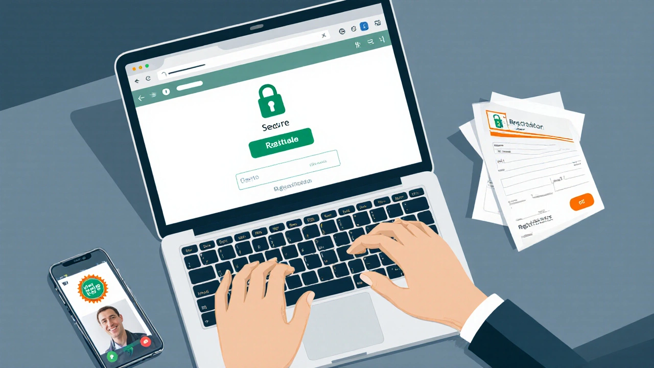 Illustration of a laptop with a padlock icon and a phone showing a video call, indicating a secure online pharmacy order.