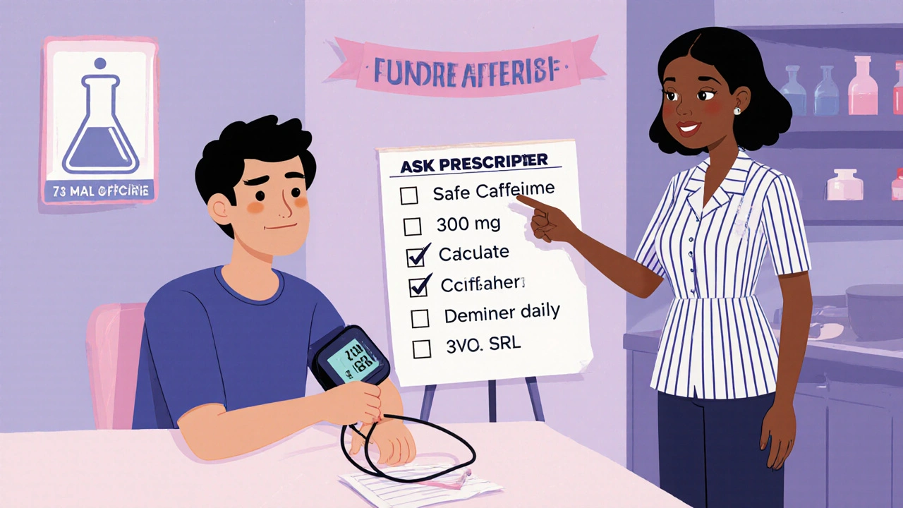 Individual checking blood pressure at home with a pharmacist showing a caffeine safety checklist.