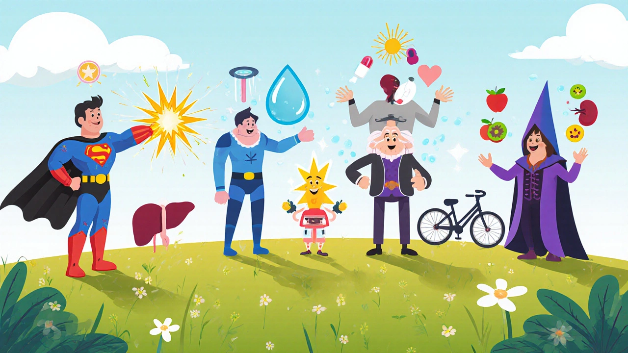 Medication characters act out their effects in a meadow with a heart, kidney, and pancreas.