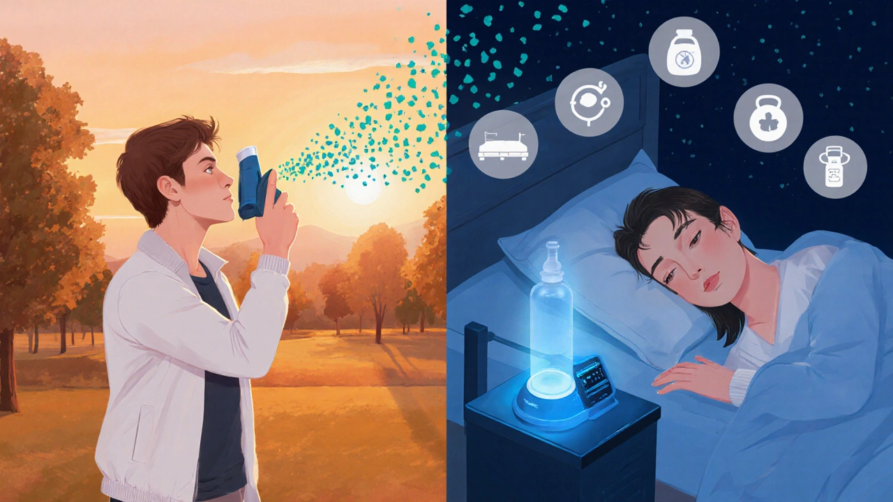 Optimistic depiction of a patient exercising, using an inhaler, and sleeping peacefully with CPAP, against a sunrise backdrop.