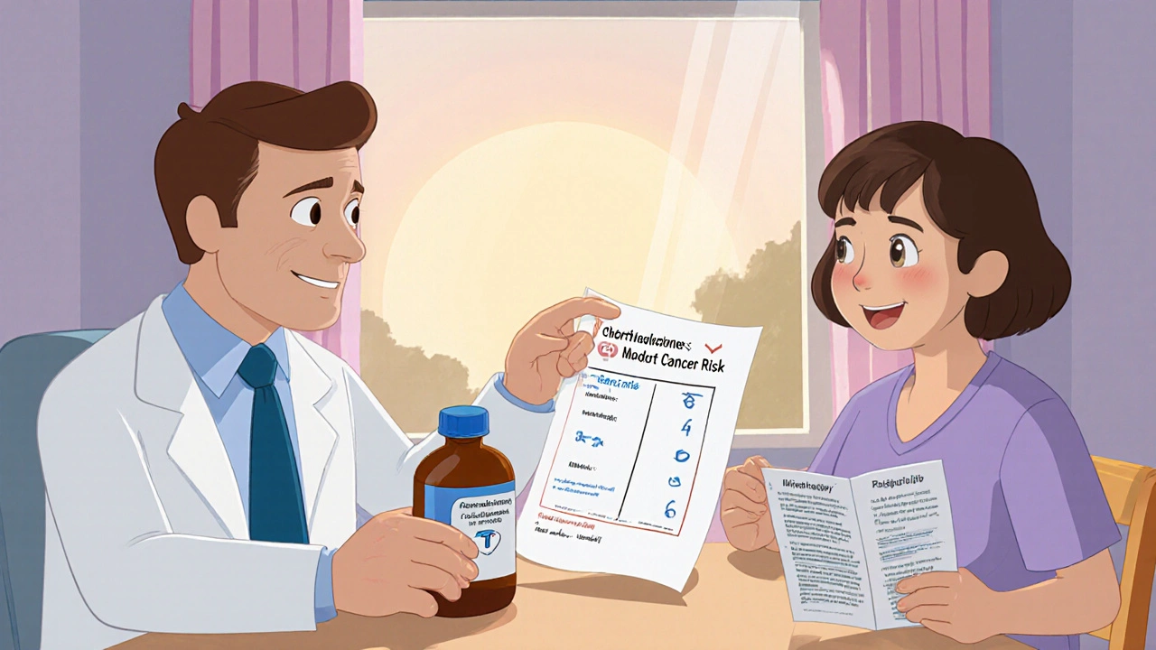 Patient and doctor discuss medication benefits and cancer screening with charts.