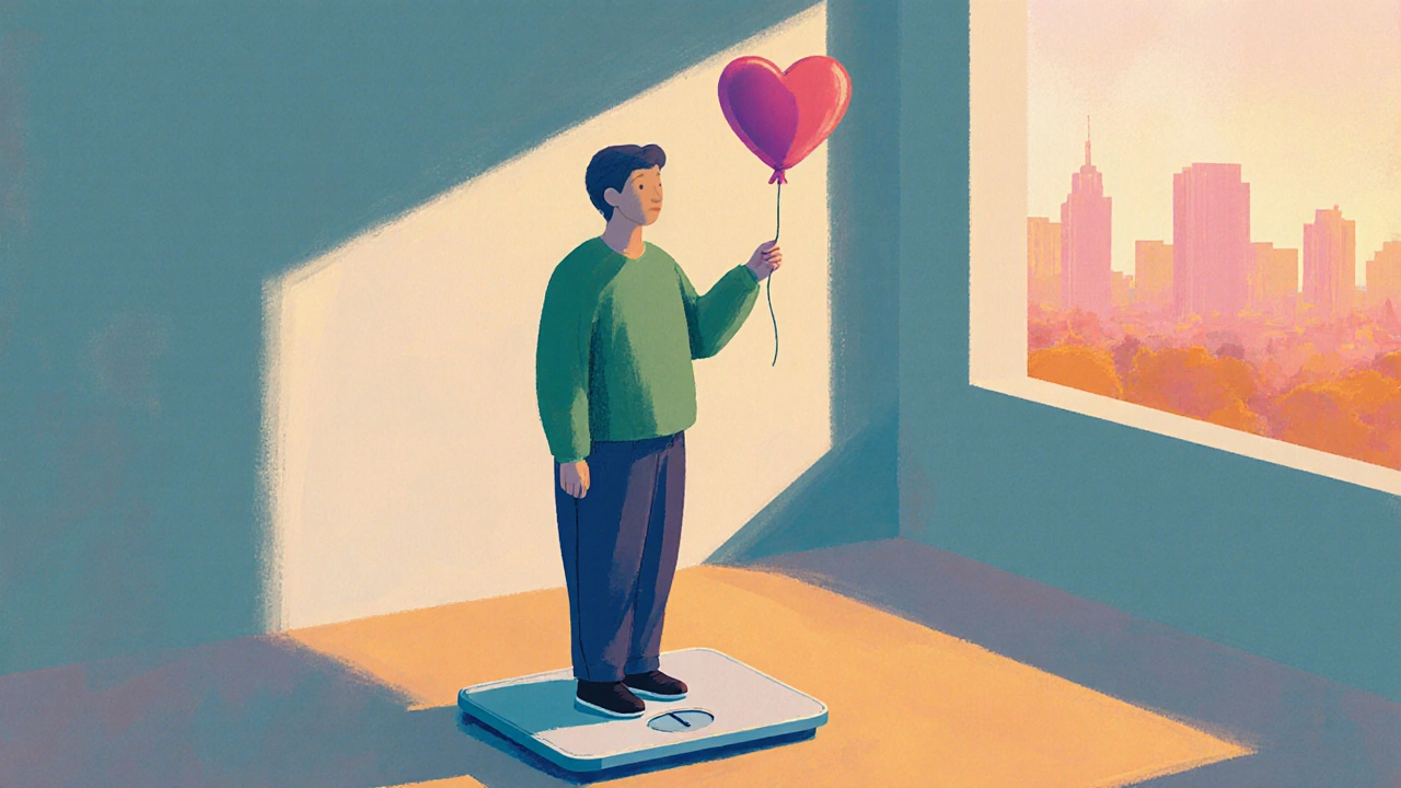 Person on a scale holding a heart balloon, warm lighting conveys health and optimism.