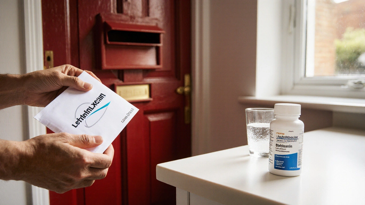Photo of a parcel delivered to a UK mailbox, with a person holding it and a bottle of generic tablets on a kitchen counter.