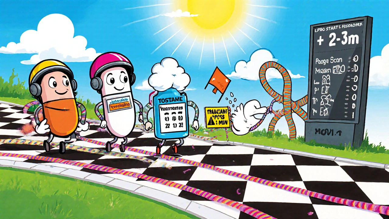 Race track with cartoon characters representing dapoxetine, SSRIs, topical spray, tramadol, and stop‑start technique.