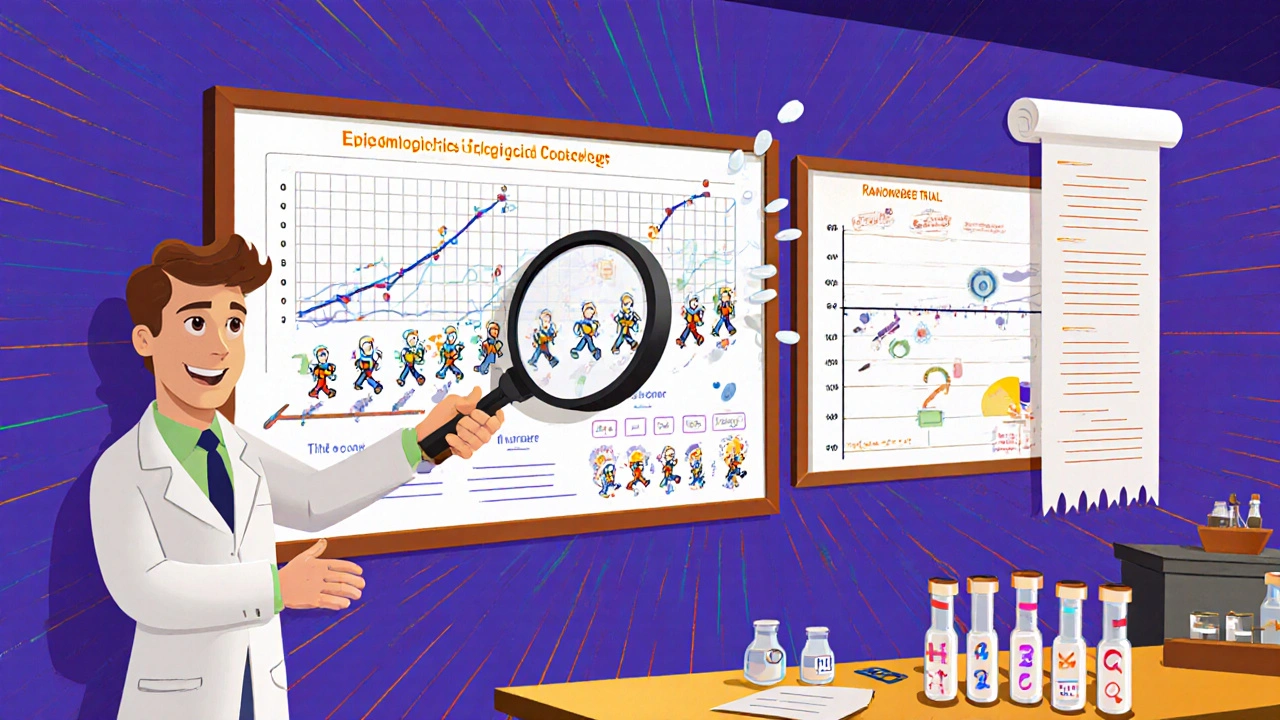 Researcher examines cohort and trial data with a magnifying glass on a split screen.