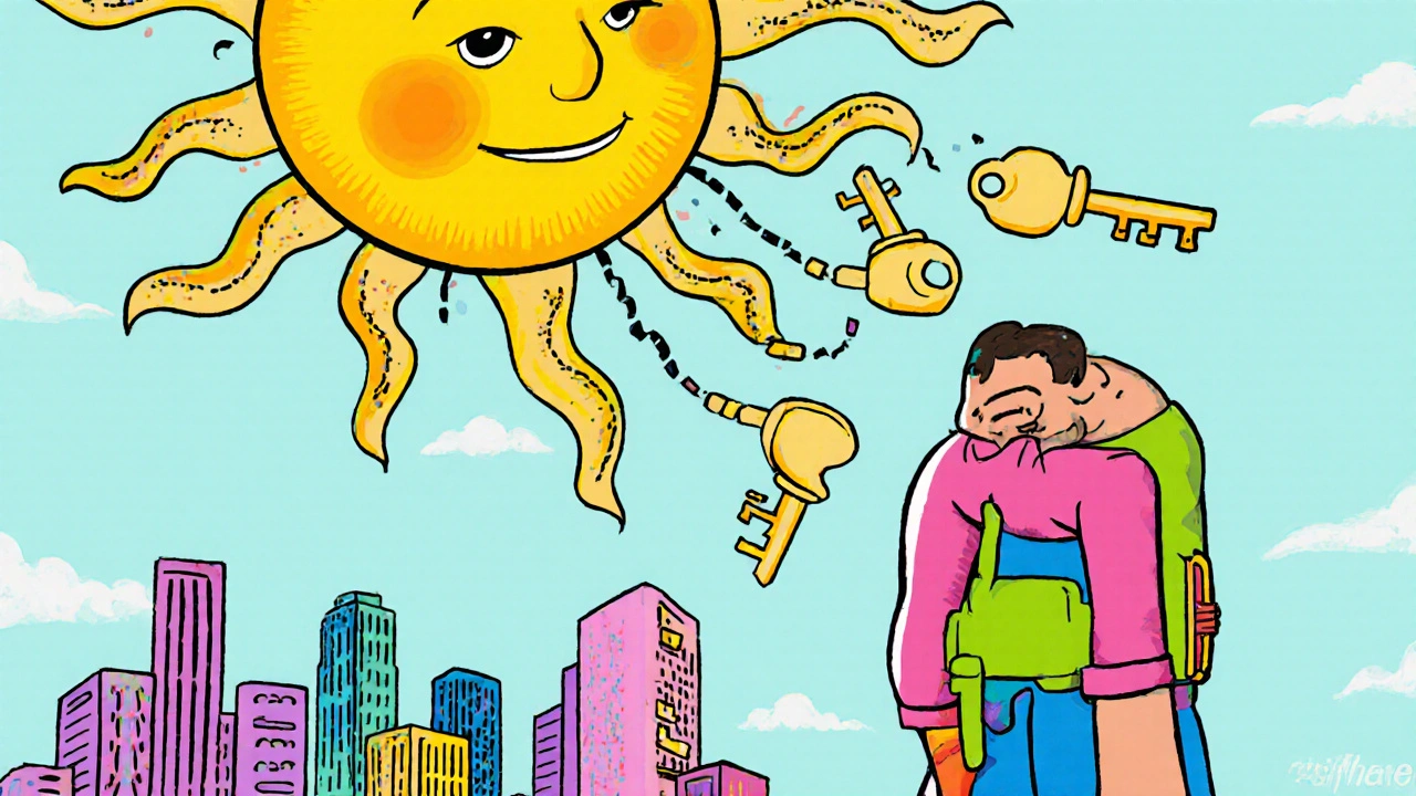 Sunlight transforms into calcitriol keys as a depressed person stands up in vibrant colors.