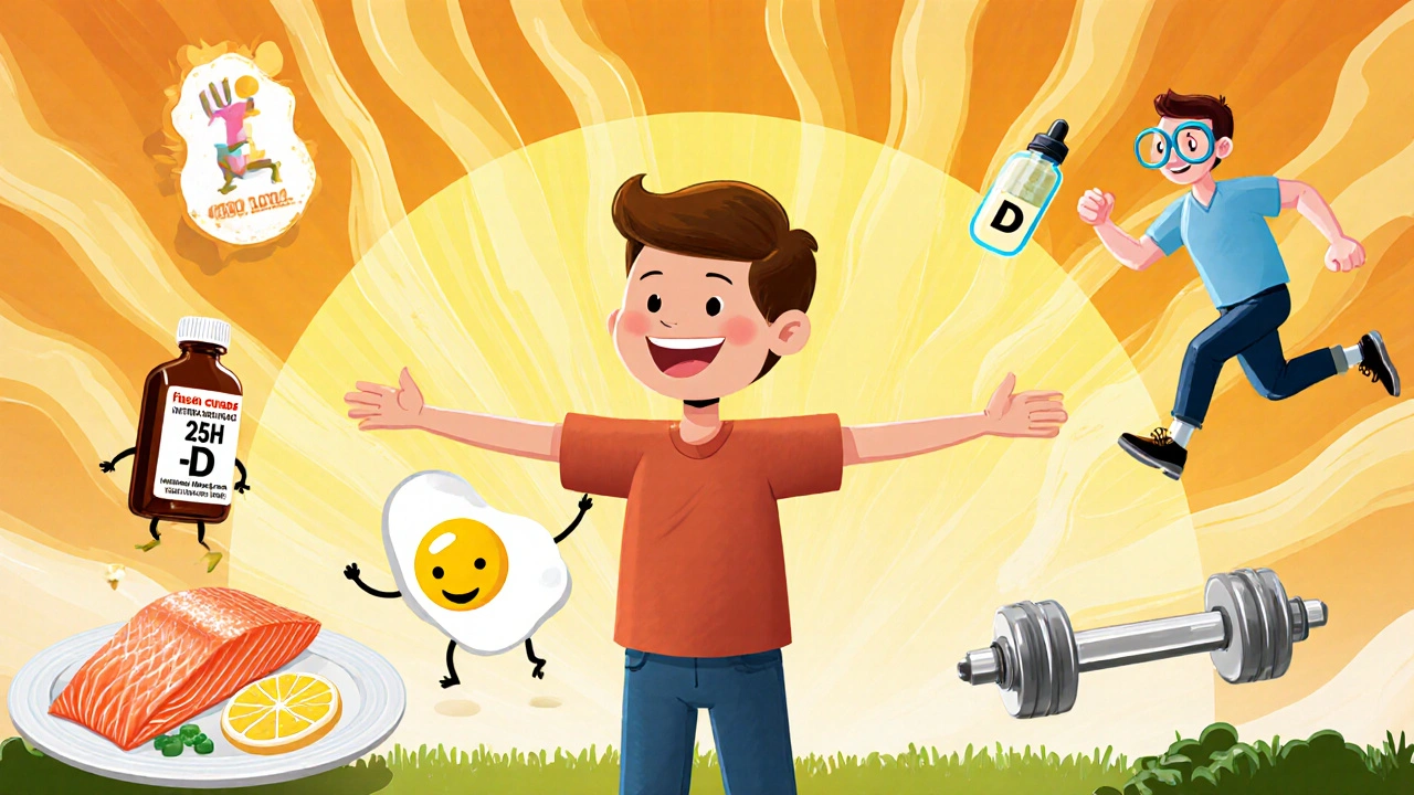 Sunny cartoon scene of sun exposure, fish, supplements, exercise, and a doctor test.