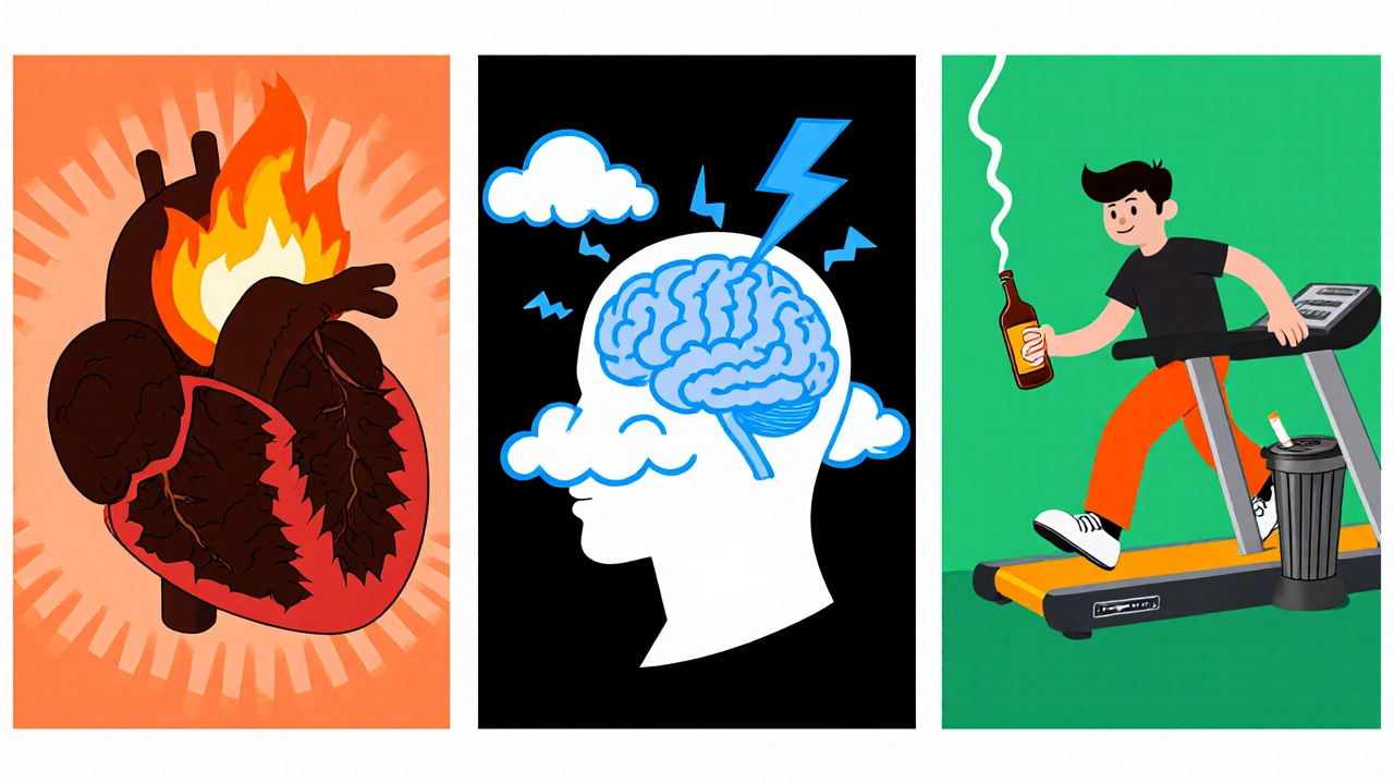 Three cartoon panels showing a clogged heart, a stressed brain, and a person choosing healthy habits over smoking and drinking.