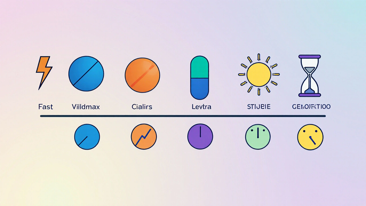 Timeline of six colored pills with icons showing onset speed and duration lengths.