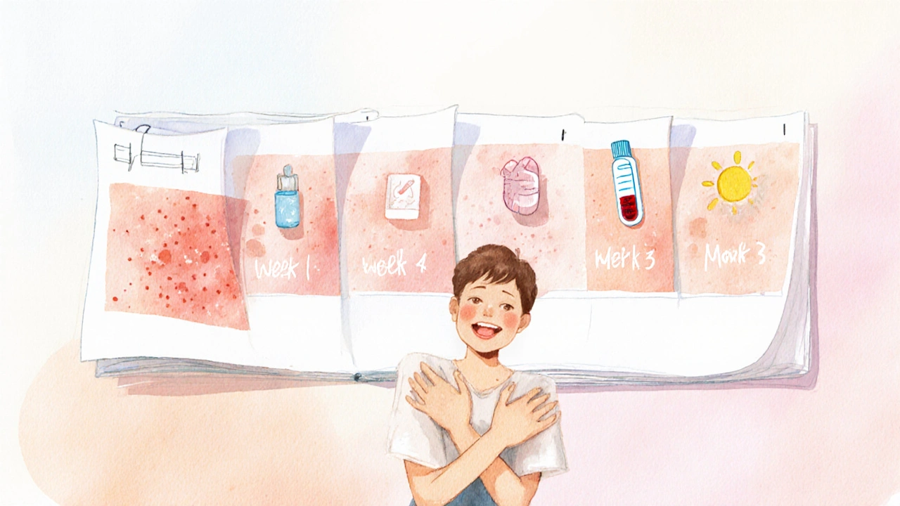 Timeline of skin improvement ending with clear‑skinned person smiling, surrounded by care icons.