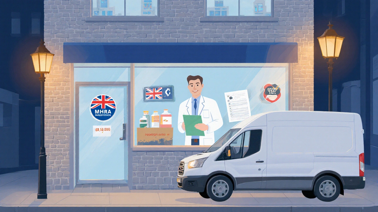 UK pharmacy storefront showing MHRA badge and prescription verification.