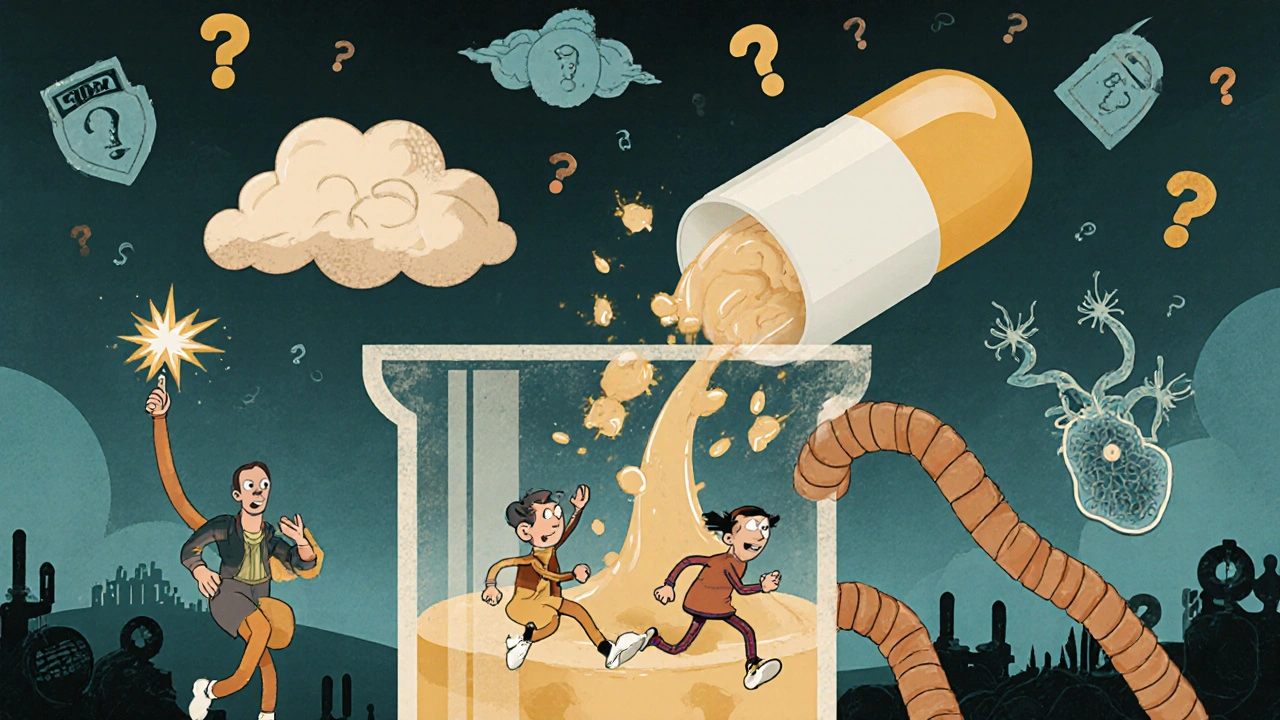 Vitamin D pill becomes calcitriol messengers healing brain neurons in a 1930s cartoon lab.