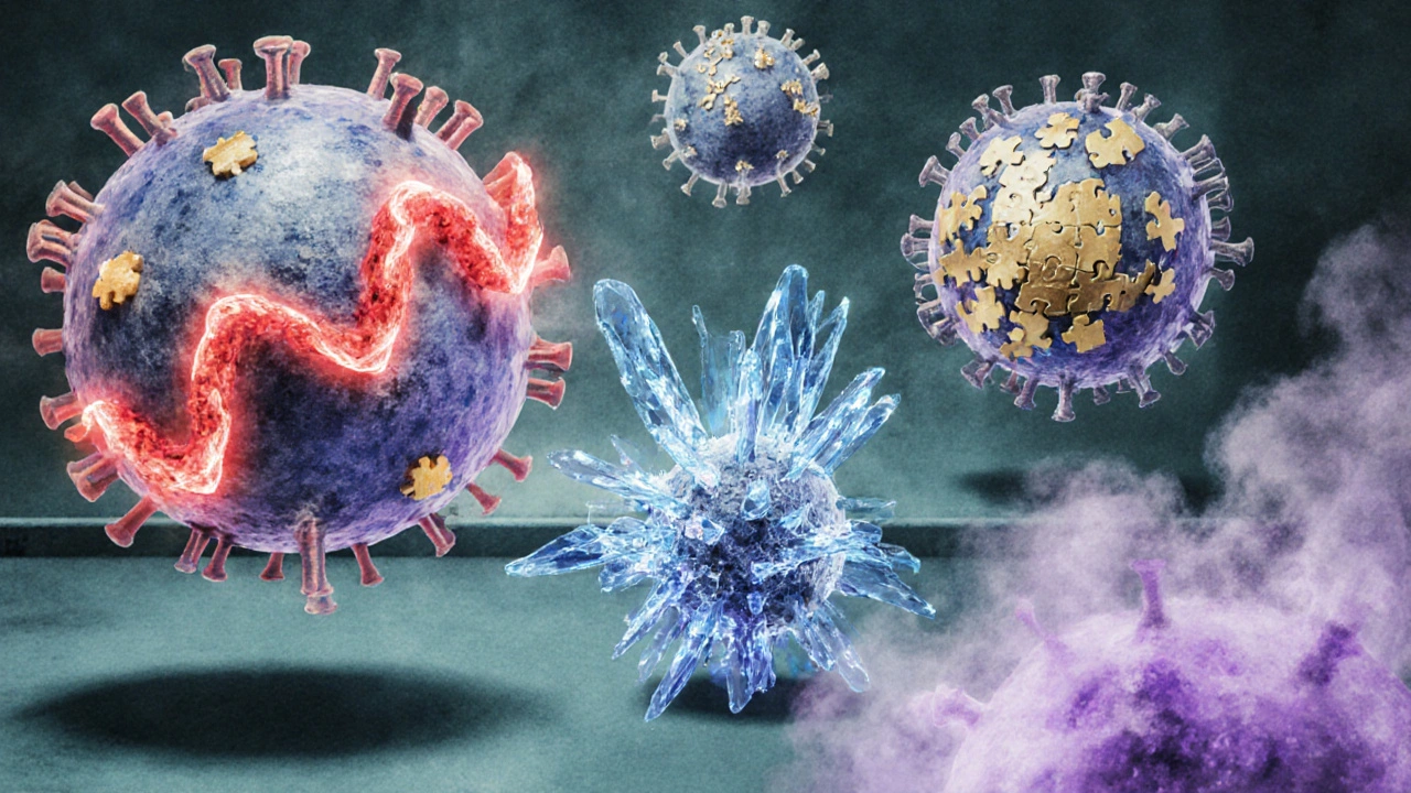 Watercolor illustration showing four antiviral mechanisms disrupting COVID‑19 virus replication.