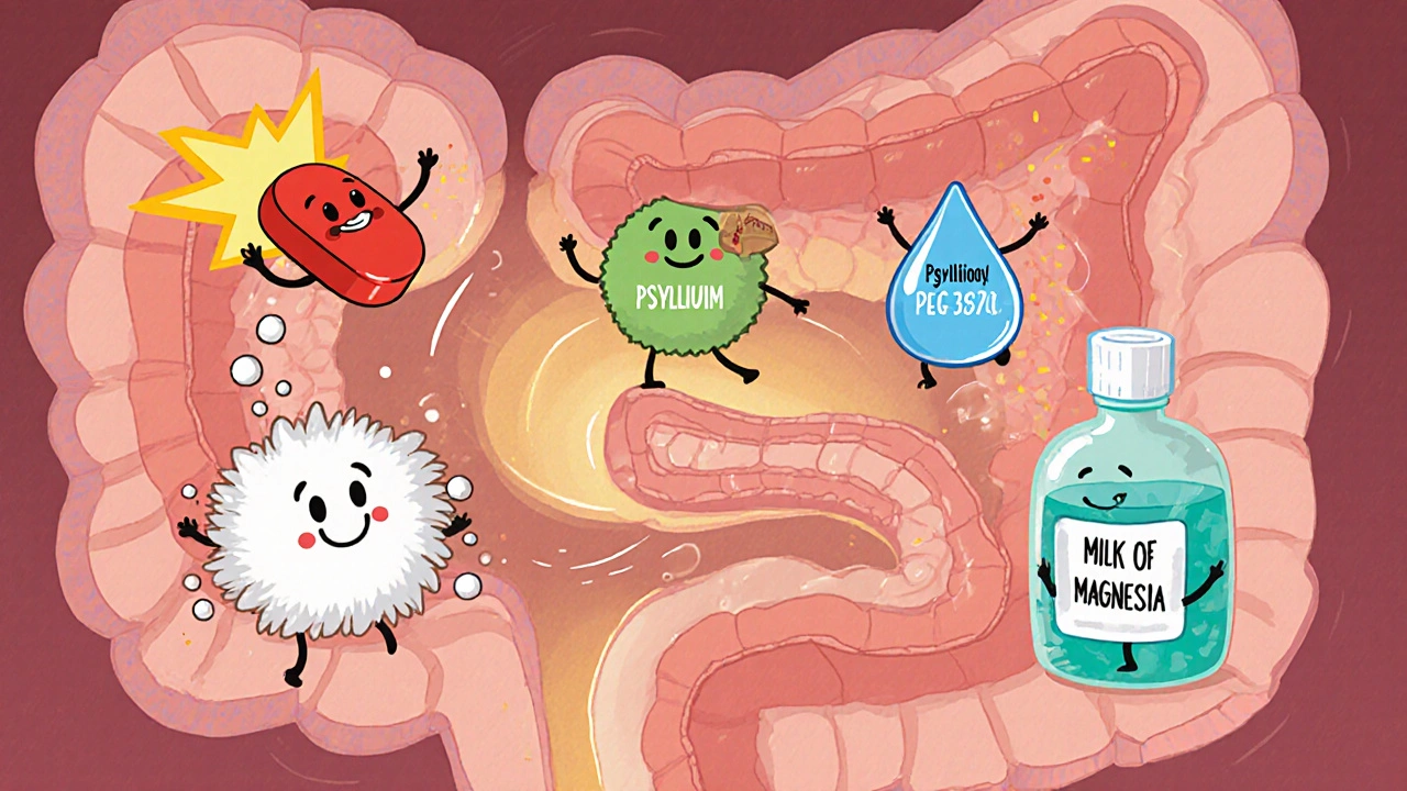 Whimsical colon tunnel with personified laxatives illustrating their actions inside.