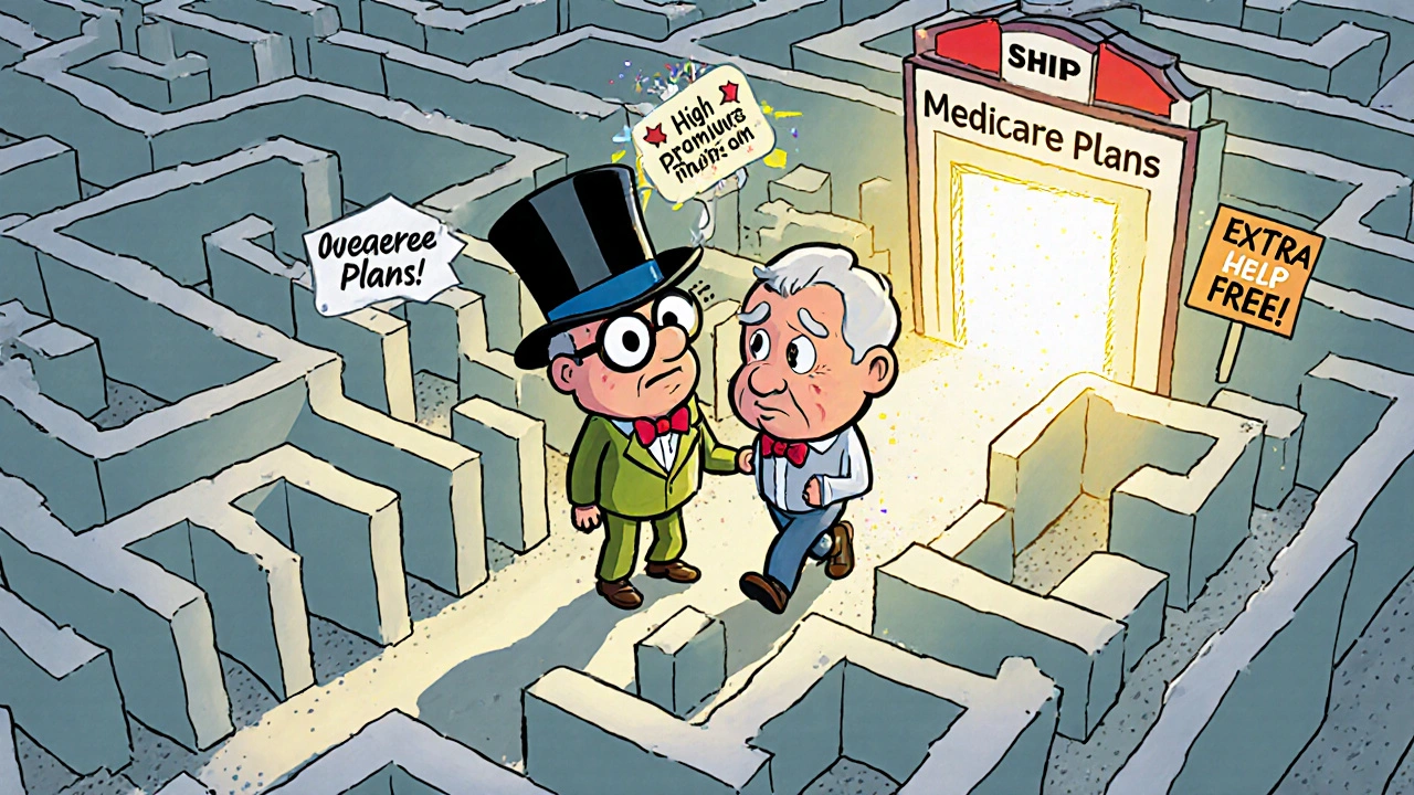 A counselor guides seniors through a pharmacy maze toward a &#039;Extra Help&#039; portal in vintage cartoon style.