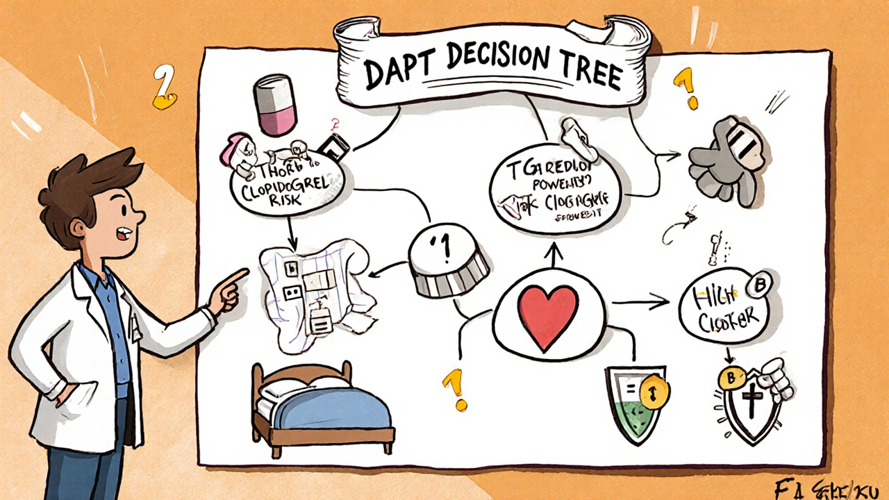 A doctor explains a DAPT decision flowchart with cartoon pills and bleeding icons in Fleischer Studios animation style.